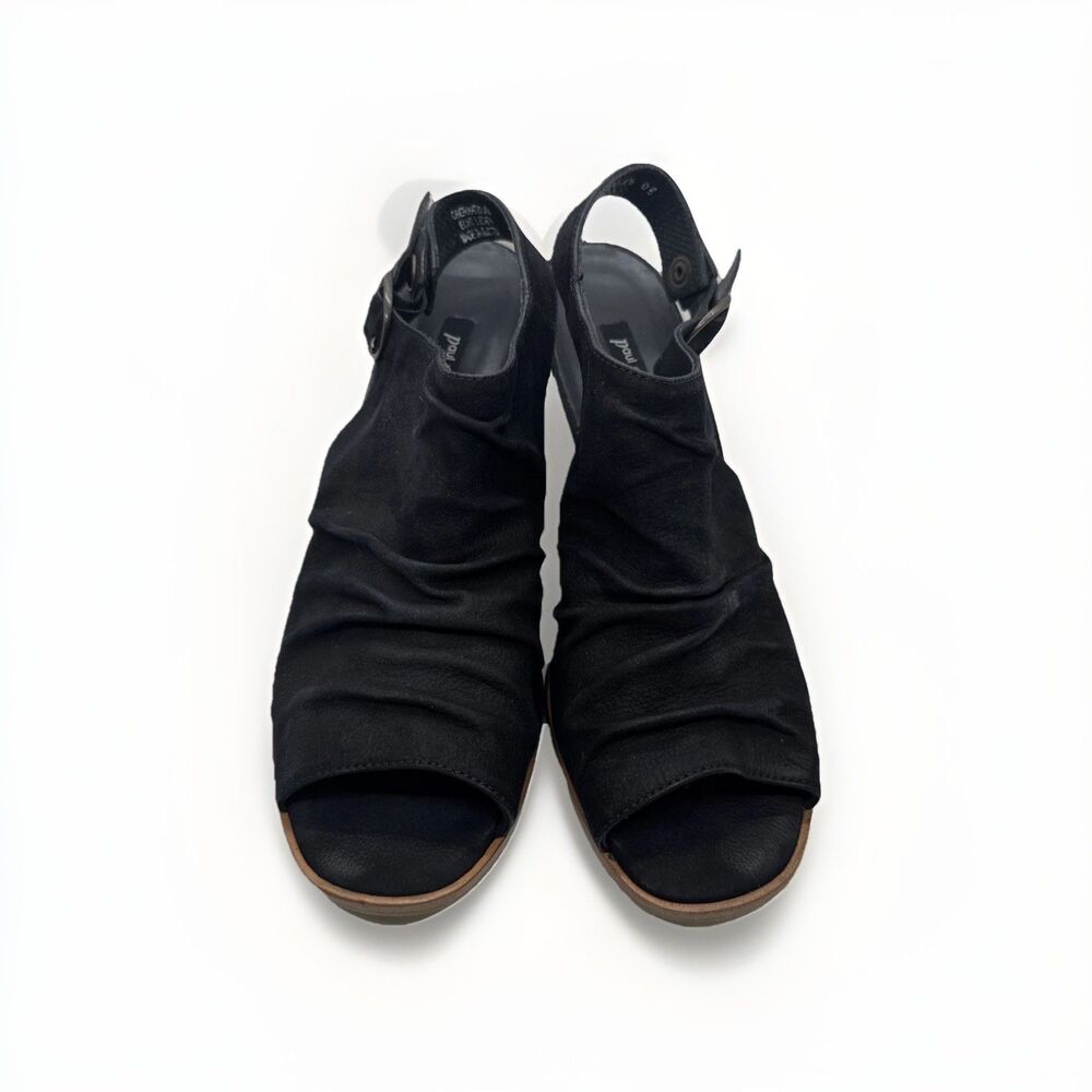 Paul Green Black Nubuck Leather Ruched Slingback Heels Peep Toe Size 10 - Picture 3 of 9